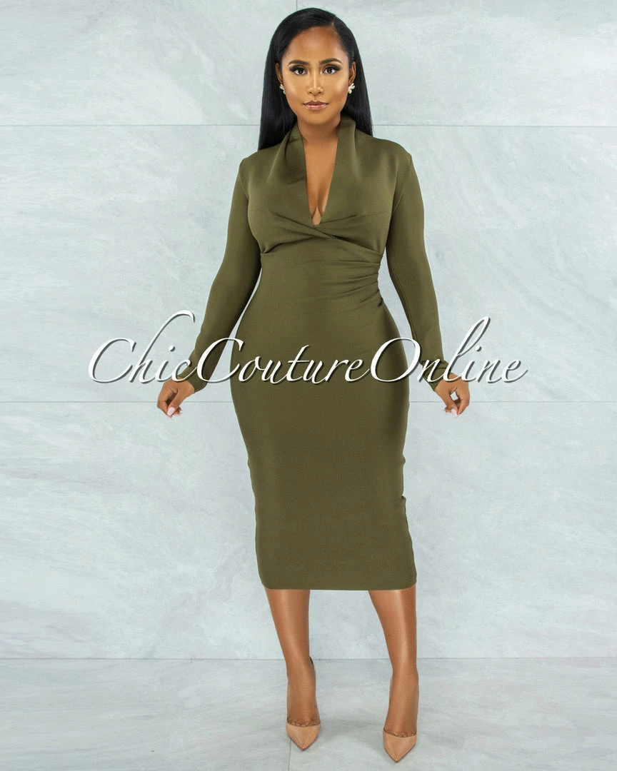 Vendor-unknown Athina Olive Draped Details Bandage Midi Dress