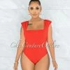 Vendor-unknown Makelina Red Padded Shoulders Bodysuit JUST IN