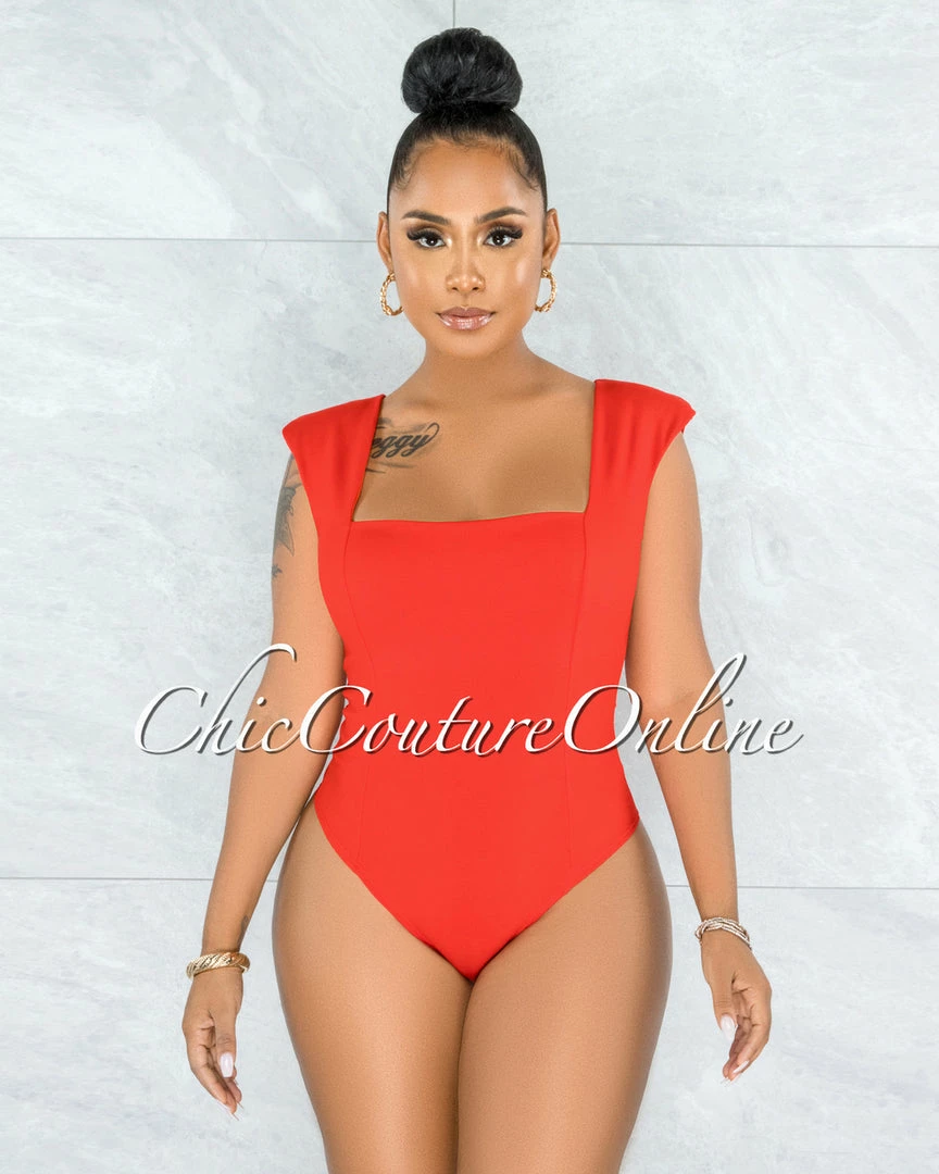 Vendor-unknown Makelina Red Padded Shoulders Bodysuit JUST IN
