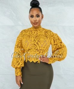 Vendor-unknown Amber Mustard Yellow Long Sleeve Crochet Crop Top JUST IN