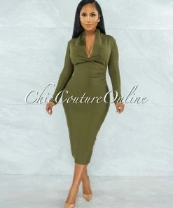 Vendor-unknown Athina Olive Draped Details Bandage Midi Dress