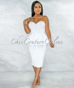 Vendor-unknown Nolden White Corset Structured Peplum Ponti Midi Dress