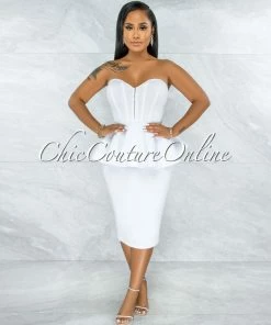 Vendor-unknown Nolden White Corset Structured Peplum Ponti Midi Dress