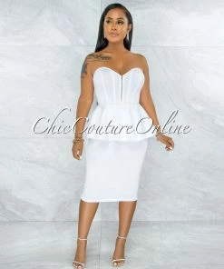 Vendor-unknown Nolden White Corset Structured Peplum Ponti Midi Dress