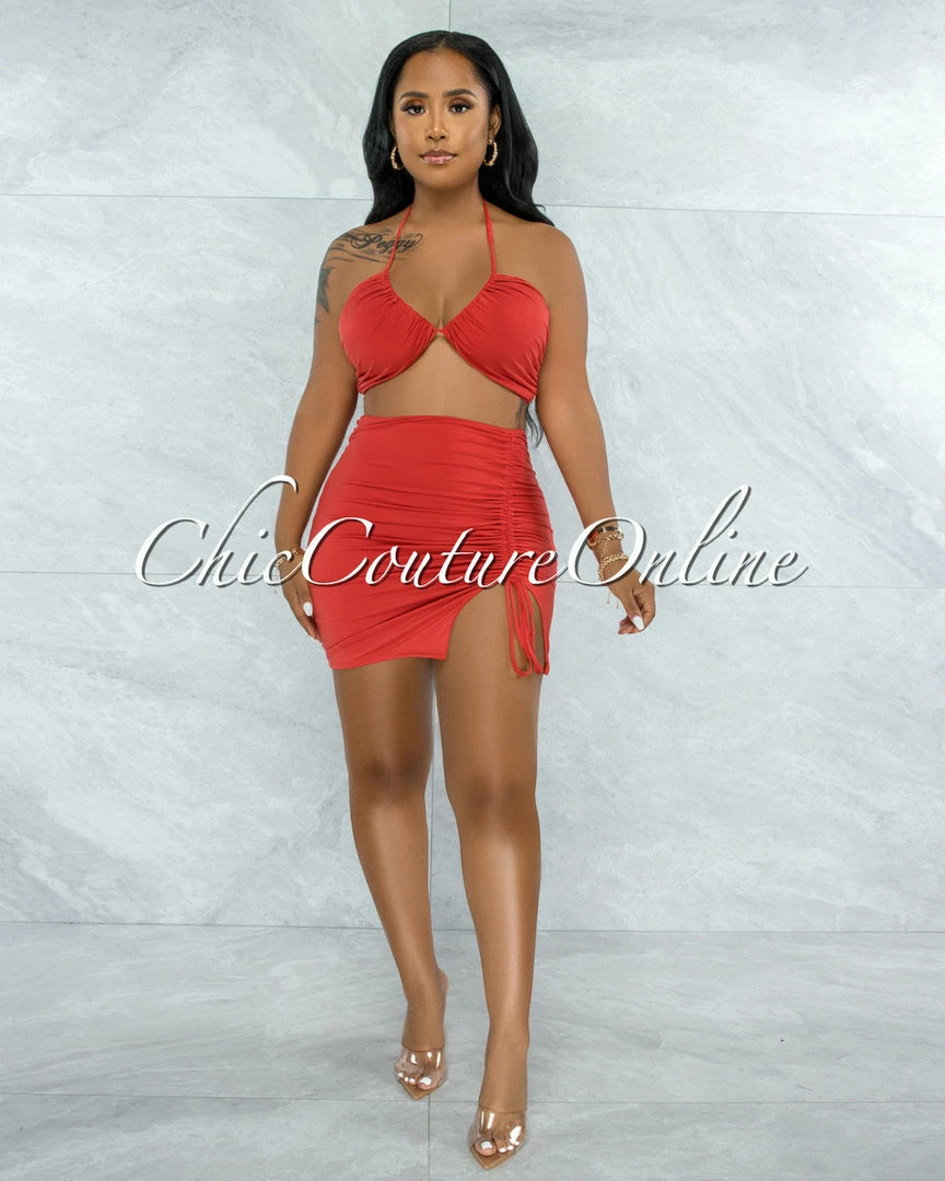 Vendor-unknown JUST IN Warner Orange Self-Tie Crop Top & Ruched Mini Skirt Set