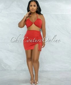 Vendor-unknown JUST IN Warner Orange Self-Tie Crop Top & Ruched Mini Skirt Set