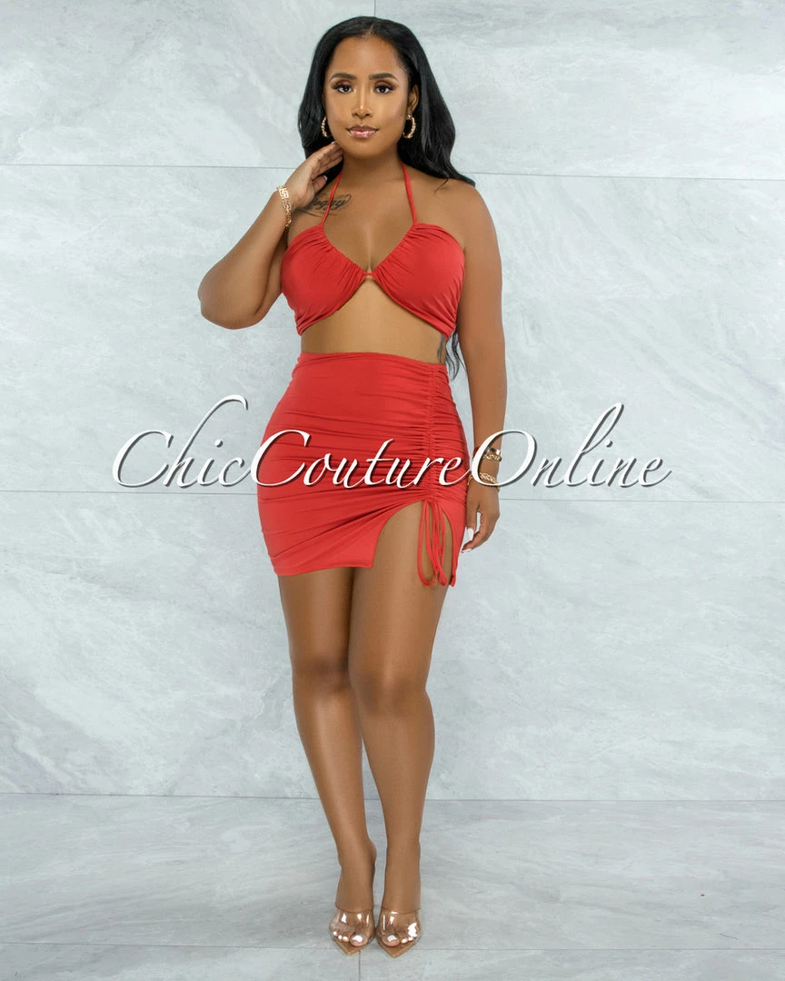 Vendor-unknown JUST IN Warner Orange Self-Tie Crop Top & Ruched Mini Skirt Set