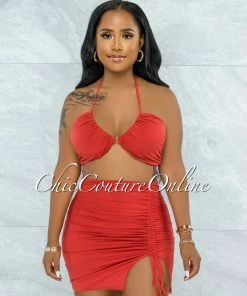 Vendor-unknown JUST IN Warner Orange Self-Tie Crop Top & Ruched Mini Skirt Set