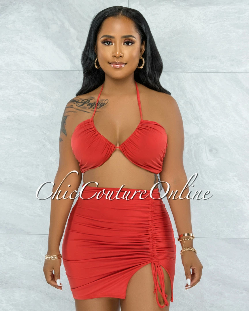 Vendor-unknown JUST IN Warner Orange Self-Tie Crop Top & Ruched Mini Skirt Set