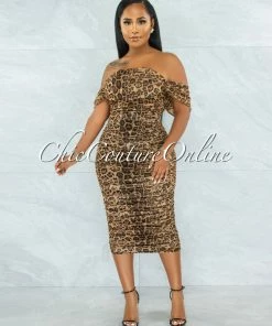 Vendor-unknown JUST IN Altman Leopard Mesh Overlay Ruched Off-The Shoulder Dress