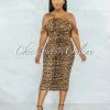 Vendor-unknown JUST IN Altman Leopard Mesh Overlay Ruched Off-The Shoulder Dress