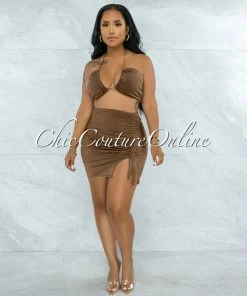 Vendor-unknown Warner Mocha Self-Tie Crop Top & Ruched Mini Skirt Set JUST IN