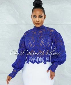 Vendor-unknown Amber Royal-Blue Long Sleeves Crochet Crop Top JUST IN