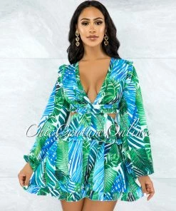 Vendor-unknown JUST IN Sunny Green Blue Leaf Print Cut-Out Ruffle Romper