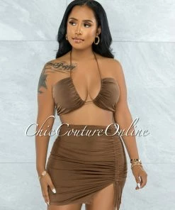 Vendor-unknown Warner Mocha Self-Tie Crop Top & Ruched Mini Skirt Set JUST IN