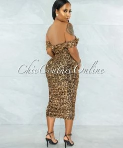 Vendor-unknown JUST IN Altman Leopard Mesh Overlay Ruched Off-The Shoulder Dress