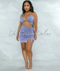 Vendor-unknown JUST IN Warner Lavender Self-Tie Crop Top & Ruched Mini Skirt Set