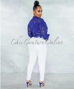 Vendor-unknown Amber Royal-Blue Long Sleeves Crochet Crop Top JUST IN