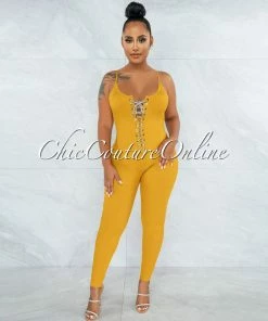 Vendor-unknown Brennan Mustard Rhinestones Lace-Up Ribbed Jumpsuit JUST IN