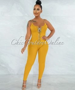 Vendor-unknown Brennan Mustard Rhinestones Lace-Up Ribbed Jumpsuit JUST IN