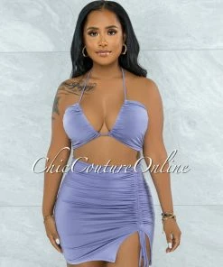 Vendor-unknown JUST IN Warner Lavender Self-Tie Crop Top & Ruched Mini Skirt Set