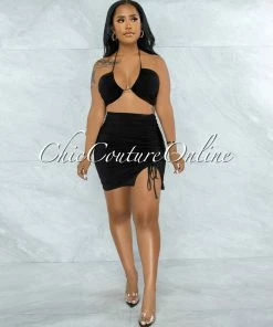 Vendor-unknown Warner Black Self-Tie Crop Top & Ruched Mini Skirt Set