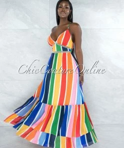 Vendor-unknown JUST IN Alegria Multi-Color Stripe Crochet Details Maxi Ruffle Dress