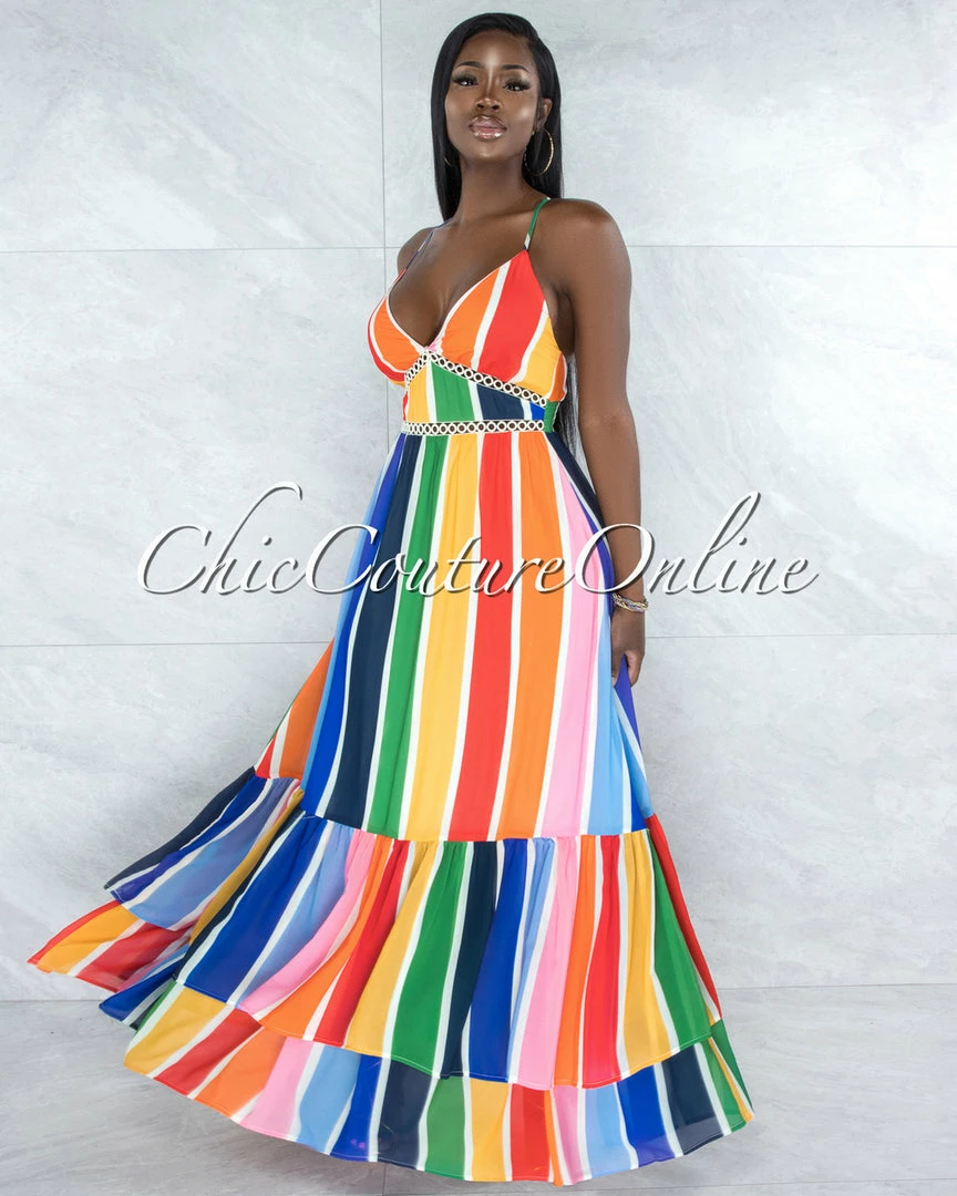 Vendor-unknown JUST IN Alegria Multi-Color Stripe Crochet Details Maxi Ruffle Dress