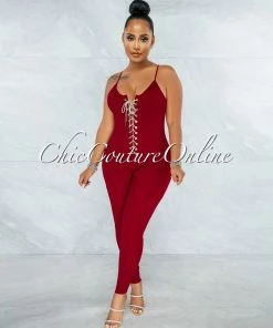 Vendor-unknown Brennan Burgundy Rhinestones Lace-Up Ribbed Jumpsuit