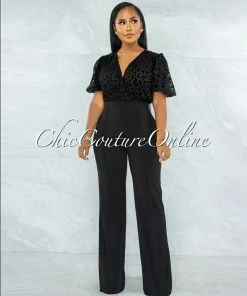 Vendor-unknown Dyami Black Leopard Print Textured Top Jumpsuit