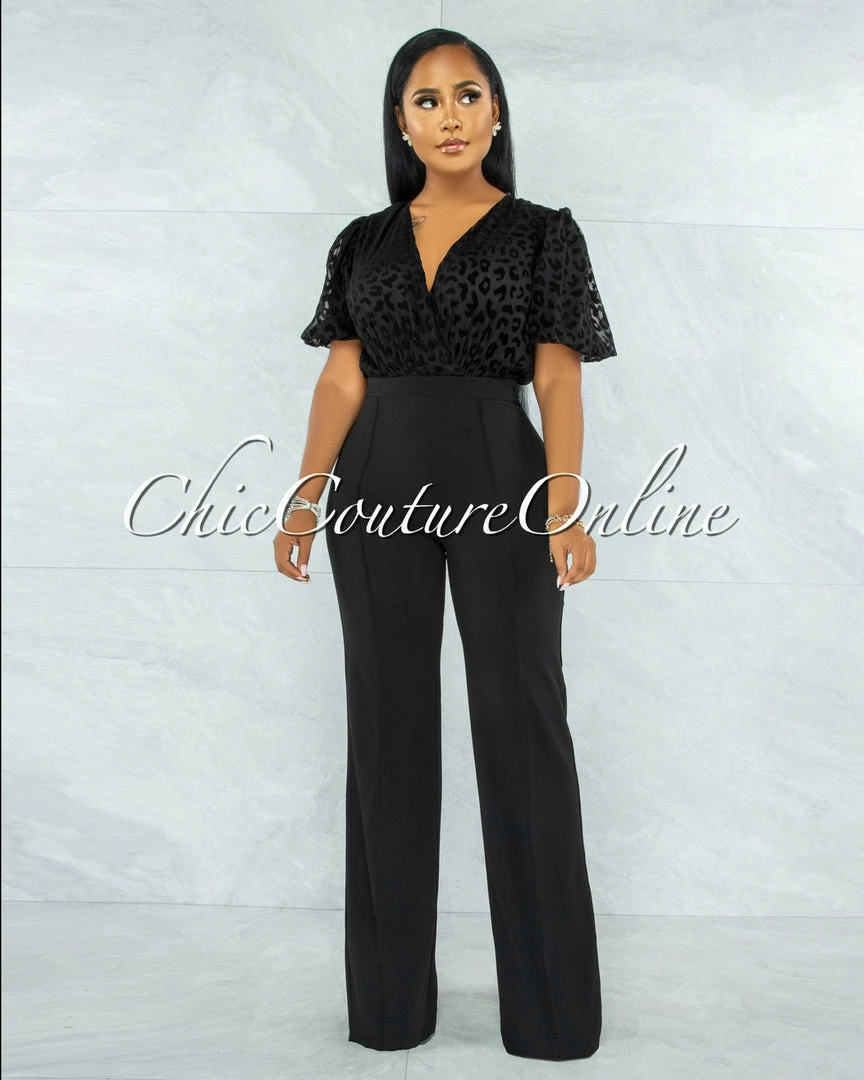 Vendor-unknown Dyami Black Leopard Print Textured Top Jumpsuit