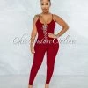 Vendor-unknown Brennan Burgundy Rhinestones Lace-Up Ribbed Jumpsuit