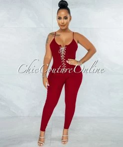 Vendor-unknown Brennan Burgundy Rhinestones Lace-Up Ribbed Jumpsuit