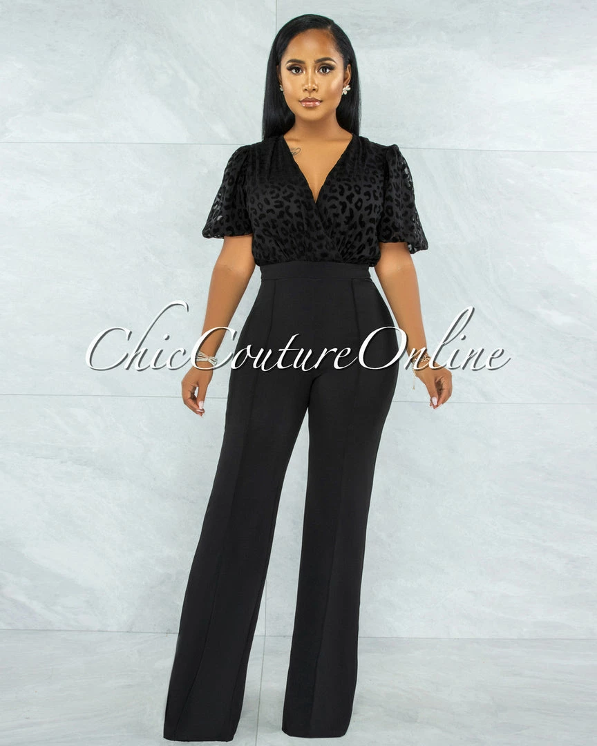 Vendor-unknown Dyami Black Leopard Print Textured Top Jumpsuit