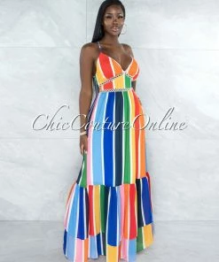 Vendor-unknown JUST IN Alegria Multi-Color Stripe Crochet Details Maxi Ruffle Dress