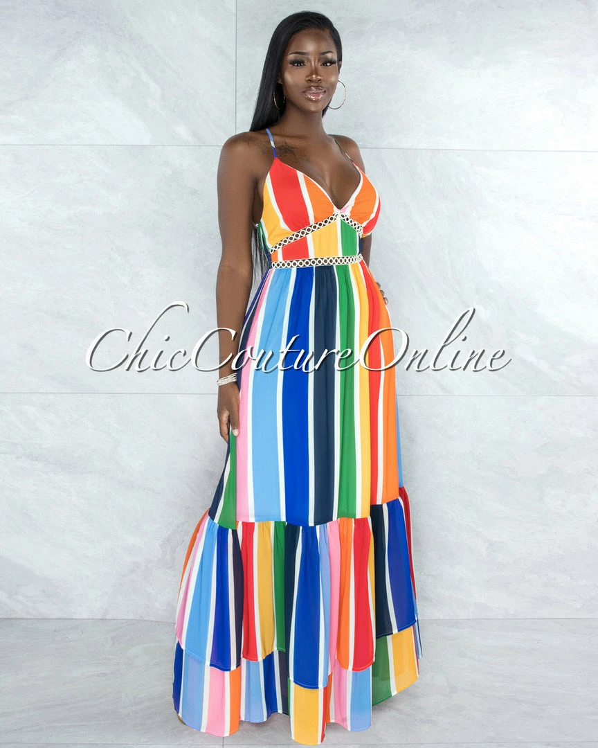 Vendor-unknown JUST IN Alegria Multi-Color Stripe Crochet Details Maxi Ruffle Dress
