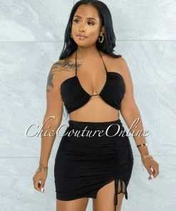 Vendor-unknown Warner Black Self-Tie Crop Top & Ruched Mini Skirt Set
