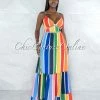 Vendor-unknown JUST IN Alegria Multi-Color Stripe Crochet Details Maxi Ruffle Dress