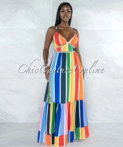 Vendor-unknown JUST IN Alegria Multi-Color Stripe Crochet Details Maxi Ruffle Dress