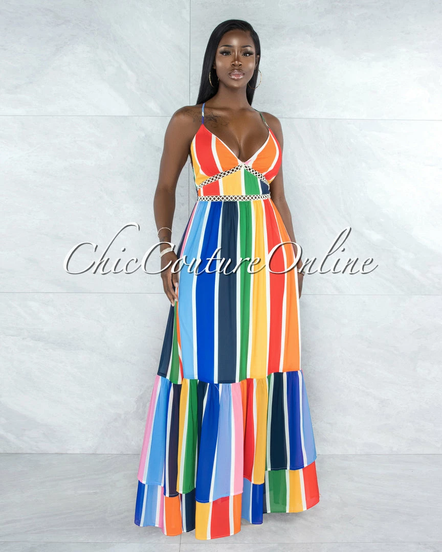 Vendor-unknown JUST IN Alegria Multi-Color Stripe Crochet Details Maxi Ruffle Dress