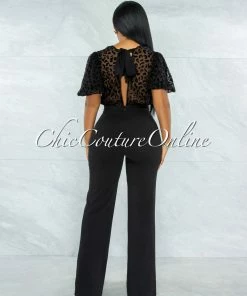 Vendor-unknown Dyami Black Leopard Print Textured Top Jumpsuit
