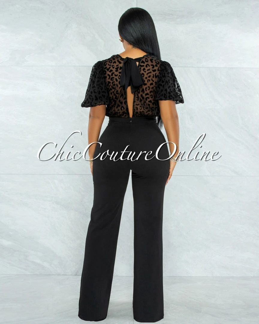 Vendor-unknown Dyami Black Leopard Print Textured Top Jumpsuit
