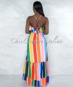 Vendor-unknown JUST IN Alegria Multi-Color Stripe Crochet Details Maxi Ruffle Dress