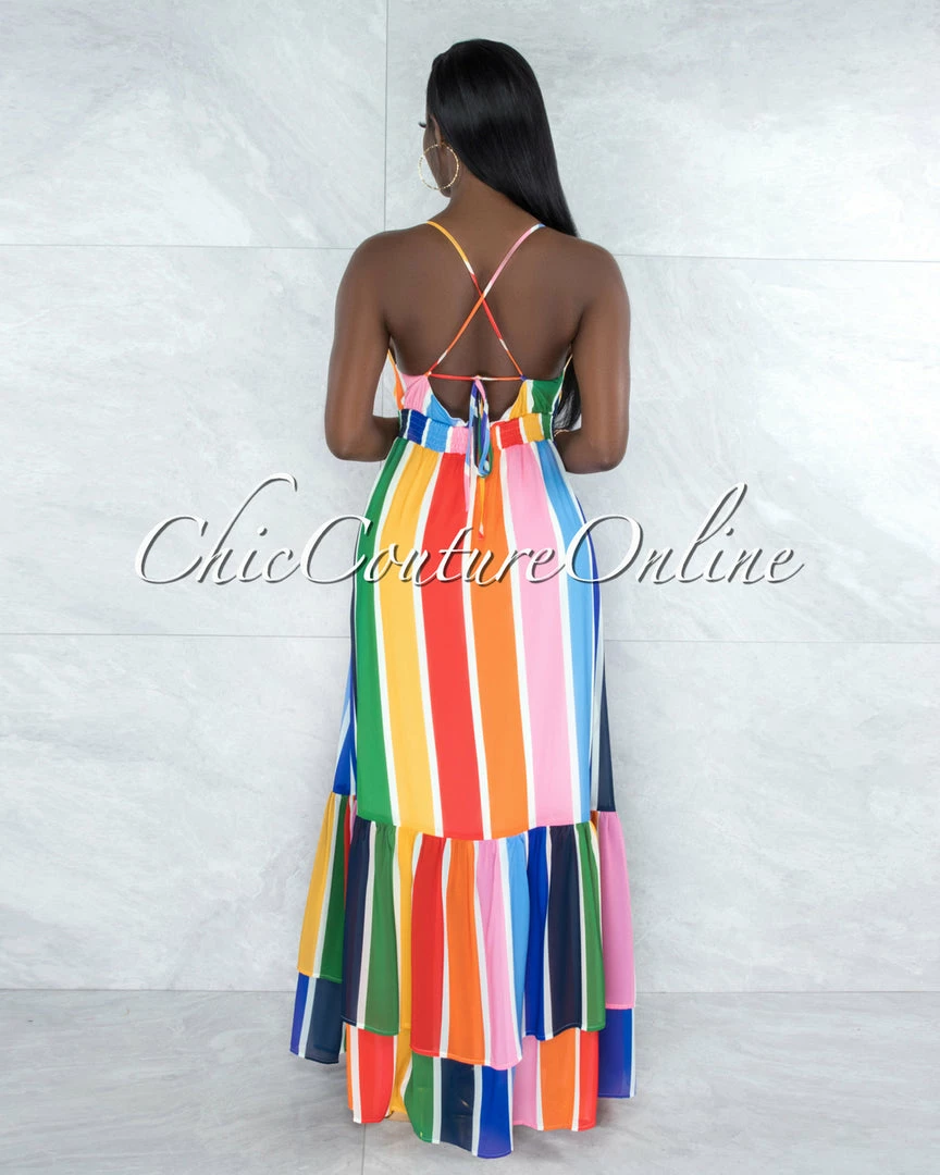 Vendor-unknown JUST IN Alegria Multi-Color Stripe Crochet Details Maxi Ruffle Dress