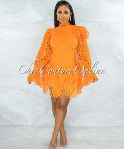 Chic Couture Online JUST IN Zamora Orange Crochet Embroidery Ruffle Ultra Mini Dress