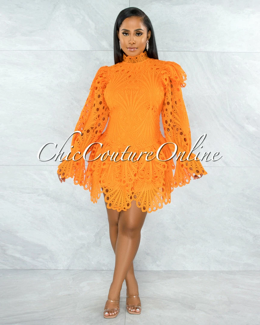 Chic Couture Online JUST IN Zamora Orange Crochet Embroidery Ruffle Ultra Mini Dress