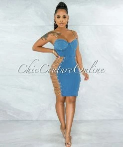 Vendor-unknown Idelle Blue Denim Gold Link Lace-Up Sides Dress