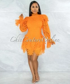 Chic Couture Online JUST IN Zamora Orange Crochet Embroidery Ruffle Ultra Mini Dress
