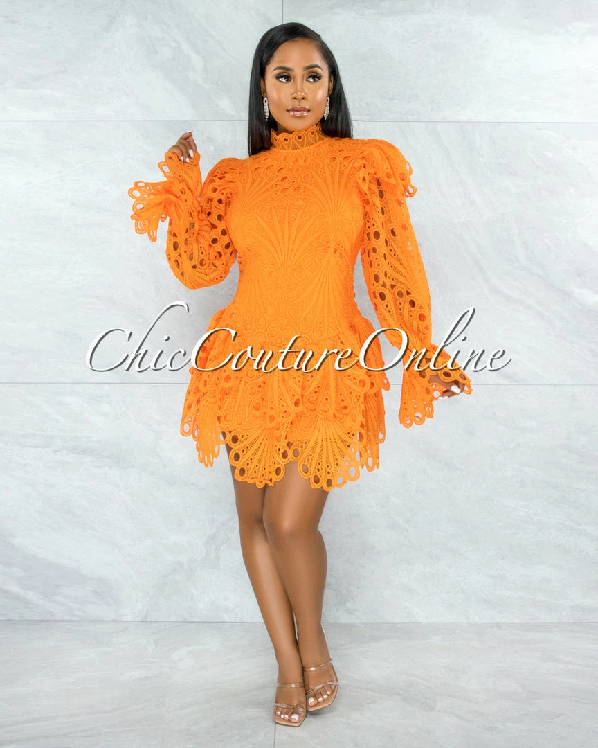 Chic Couture Online JUST IN Zamora Orange Crochet Embroidery Ruffle Ultra Mini Dress