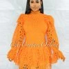 Chic Couture Online JUST IN Zamora Orange Crochet Embroidery Ruffle Ultra Mini Dress